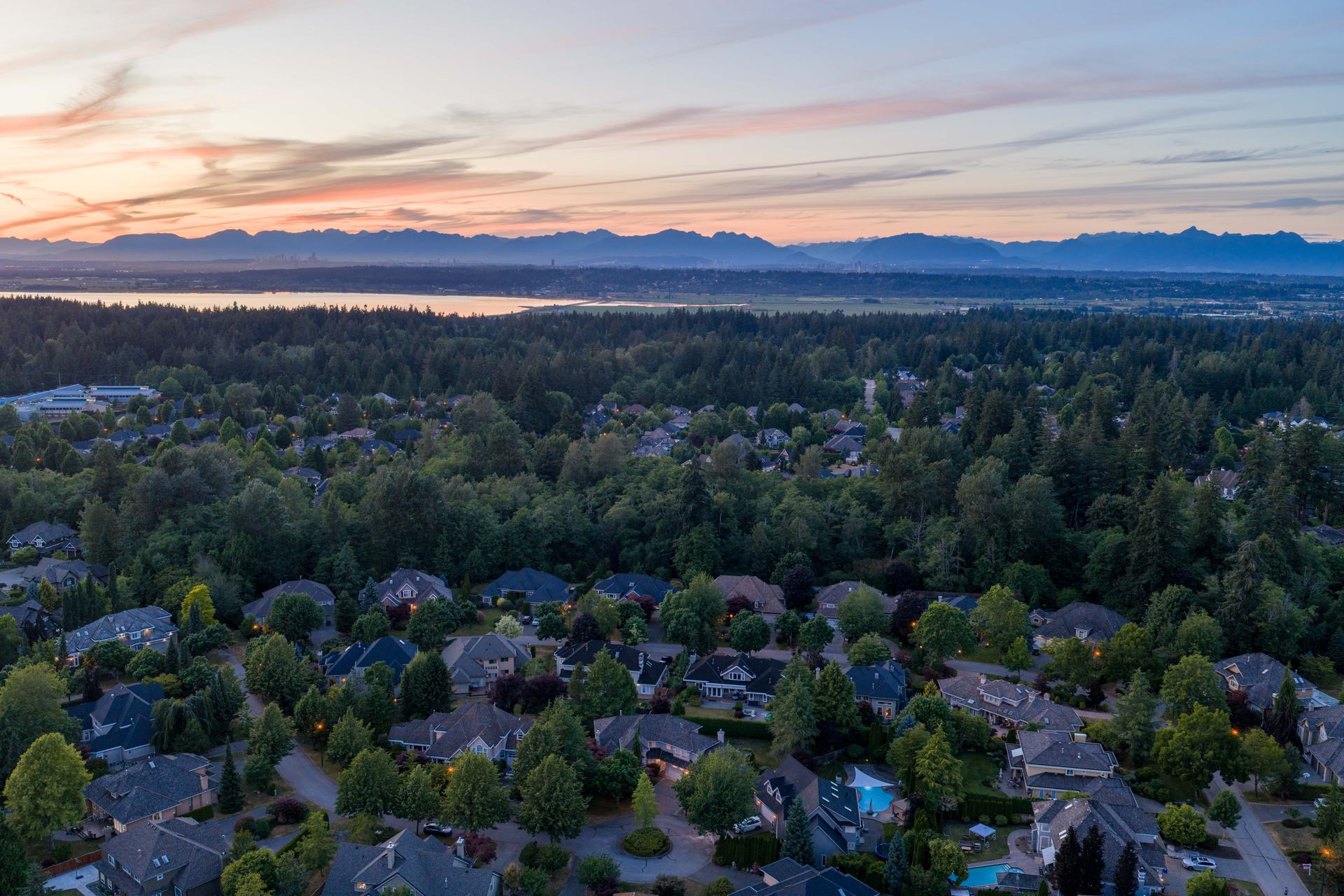 Drone view over a Lower Mainland neighbourhood at sunset