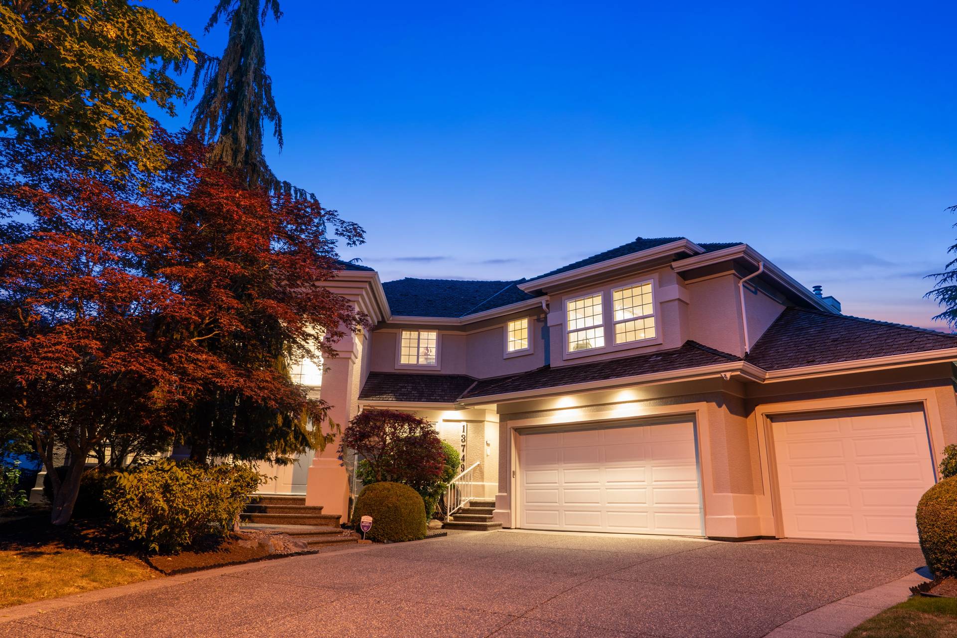 Twilight exterior of a listing